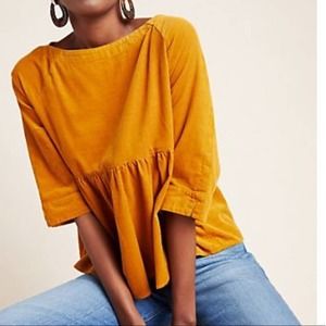 Anthropologie Maeve Top XS Golden Yellow Corduroy Peplum Blouse